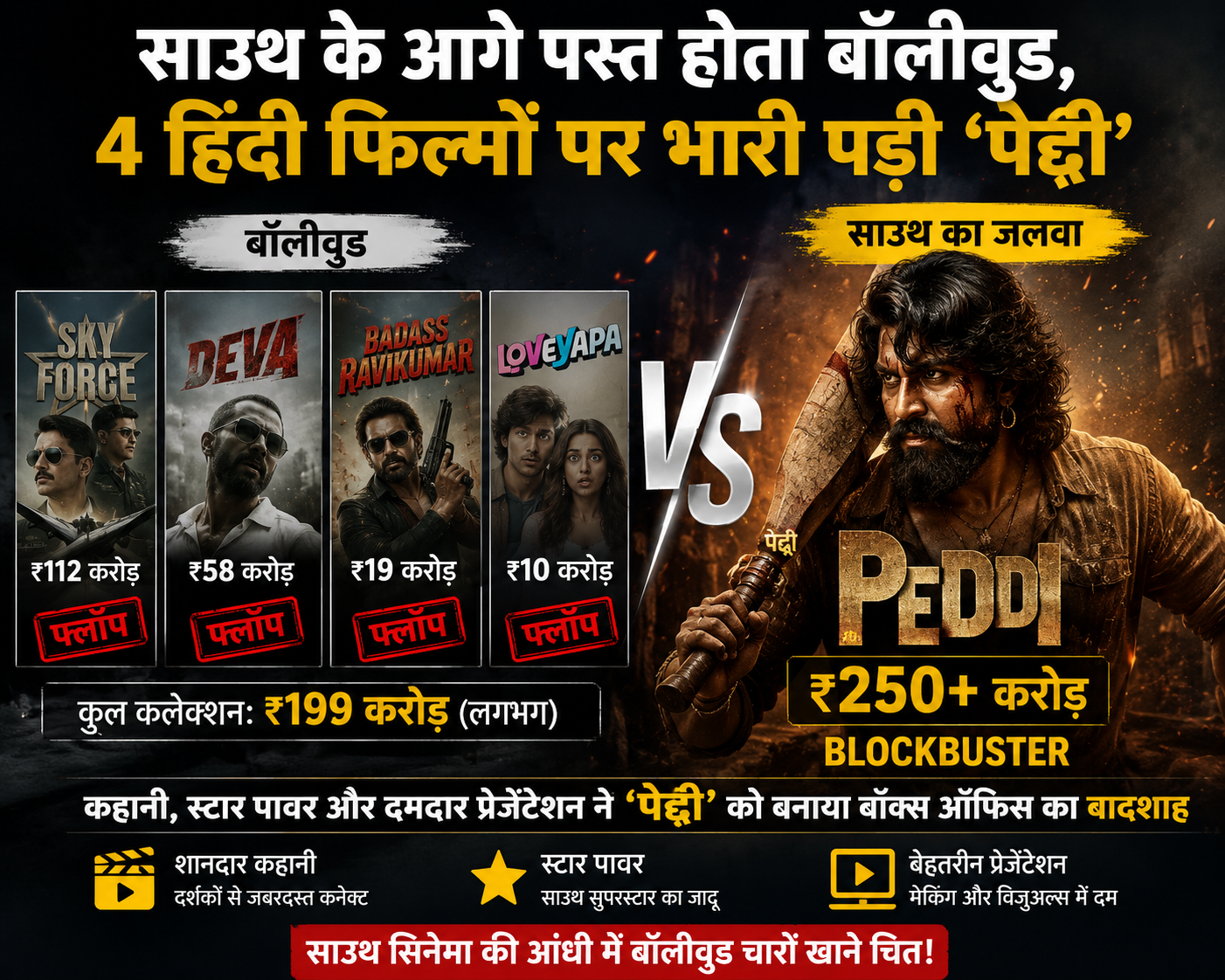 Peddi Box Office: साउथ के आगे पस्त होता बॉलीवुड, 4 हिंदी फिल्मों पर भारी पड़ी ‘पेद्दी’