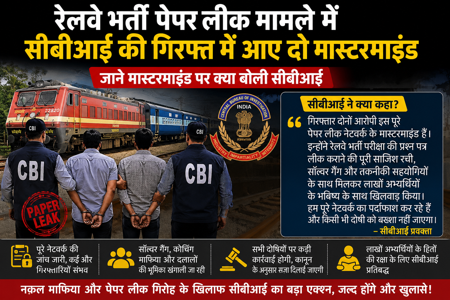 रेलवे भर्ती पेपर लीक मामले में सीबीआई की गिरफ्त में आए दो मास्टरमाइंड, जाने मास्टरमाइंड पर क्या बोली सीबीआई